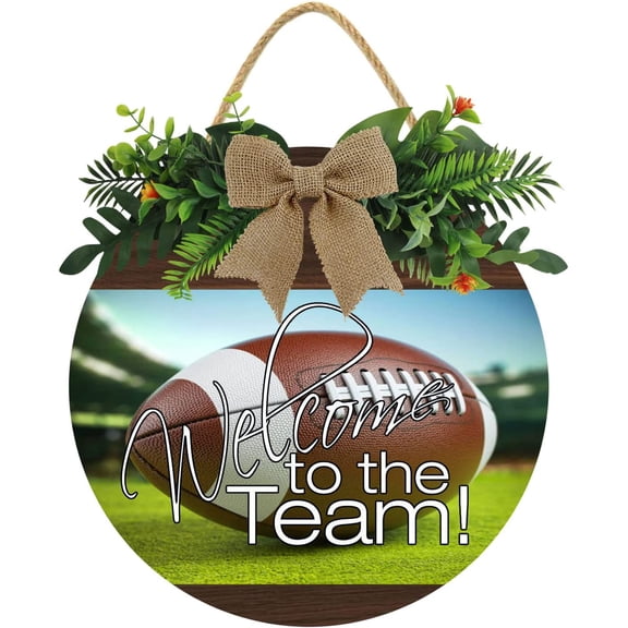 Eveokoki 12" Football Sign Welcome To The Football Team Round Hanging Sign Football Wooden Door Sign Door Hanger,Wood Hanging Decoration