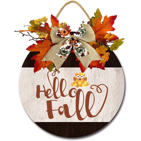 Eveokoki 12" Funny Hello Fall Cute Owl Signs for Front Door Farmhouse Porch Rustic Round Wooden Hanging Wreaths for Housewarming Gift Festival Maple Leaves Decoration Outdoor Indoor Wall Decor