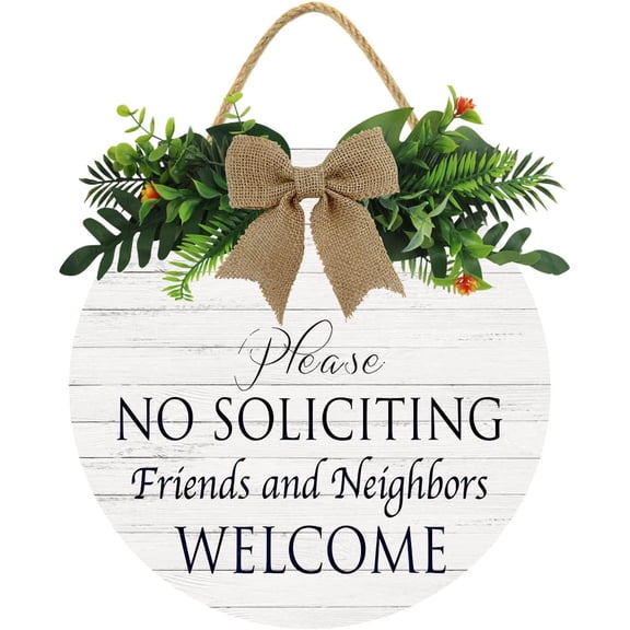 Eveokoki 12" Funny No Soliciting Sign, No Soliciting Family Friends Neighbors Welcome Door Wood Sign for All Seasons Home Front Porch Door Decoration with Buffalo Plaid Bow