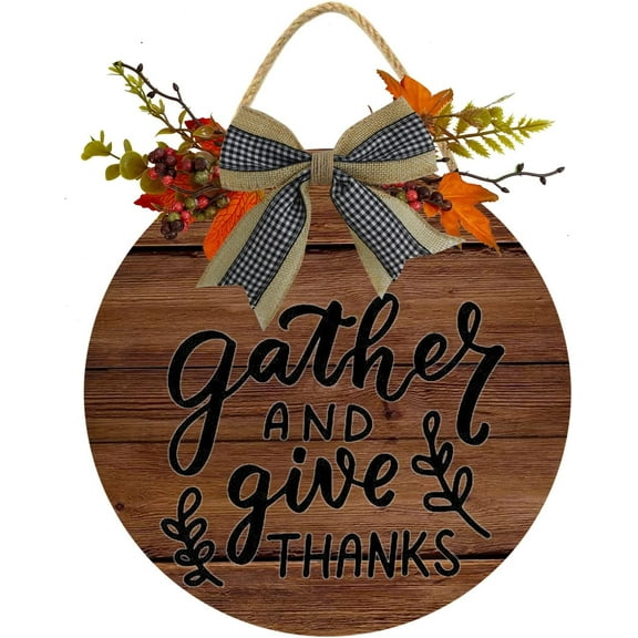 Eveokoki 12" Gather And Give Thanks Wood Sign Hanging Front Door Sign Fall Wooden Wall Art Sign Hanging Hello Fall Porch Sign Rustic Wood Decor for Thanksgiving Day Autumn Party Decor
