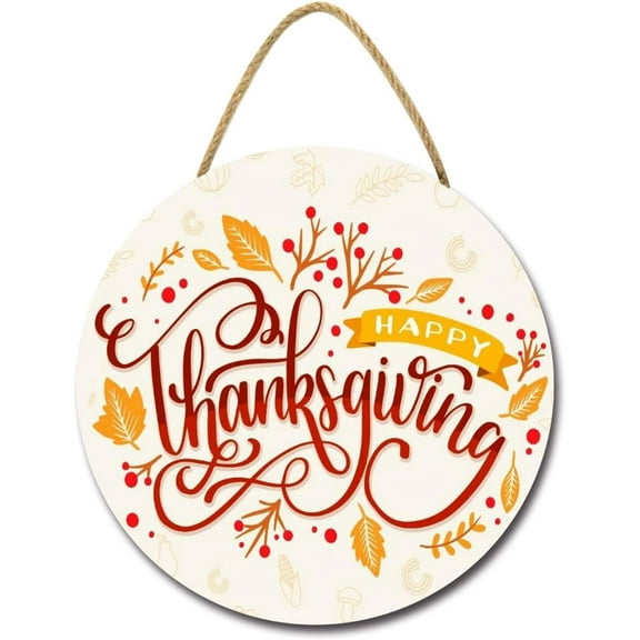 Eveokoki 12" Happy Thanksgiving Door Sign Hanging Sign Autumn Wall Decor Thanksgiving Day Sign Door Hanging Thanksgiving Round Wood Sign, Happy Harvest Pumpkin Sign Farmhouse Fall Welcome Sign