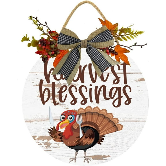Eveokoki 12" Harvest Blessings Thanksgiving Autumn Sign Plaque Front Door Decoration Vintage Hello Wooden for Home Wedding Gift Round Wood Sign Decorating for Indoor & Outdoor Use