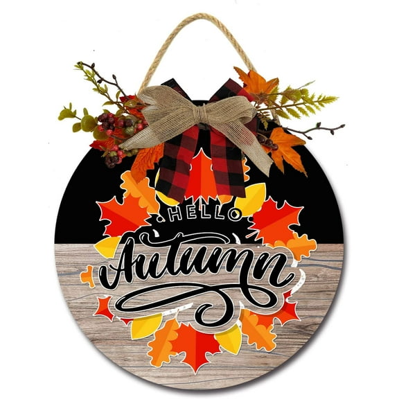 Eveokoki 12" Hello Autumn Door Sign,Hello Fall Door Sign,Welcome Autumn Door Sian,Rustic Hanging Sign Autumn Wreaths Hanging Sign Farmhouse Porch Decorations for Thanksgiving Party Decor