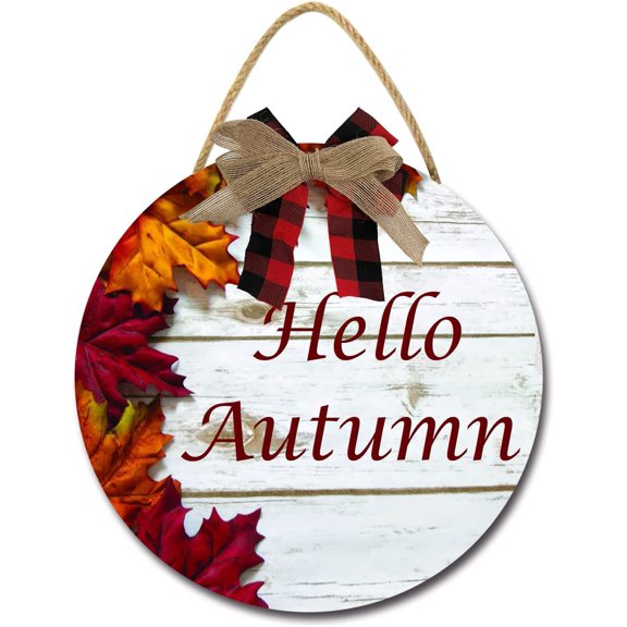 Eveokoki 12" Hello Autumn Door Sign,Hello Fall Door Sign,Welcome Autumn Door Sian,Rustic Hanging Sign Autumn Wreaths Hanging Sign Farmhouse Porch Decorations for Thanksgiving Party Decor