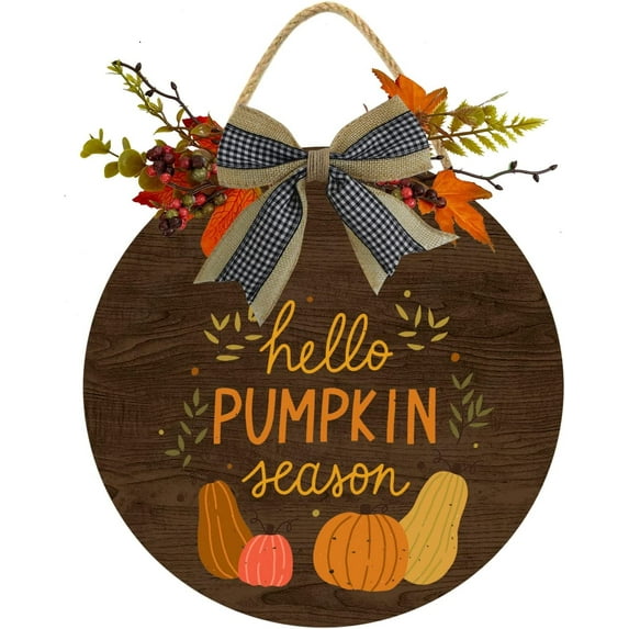 Eveokoki 12" Hello Pumpkin Decor Sign Front Door,Round Wood Hanging Sign with Ribbon Bow Farmhouse Porch Decorations for Thanksgiving