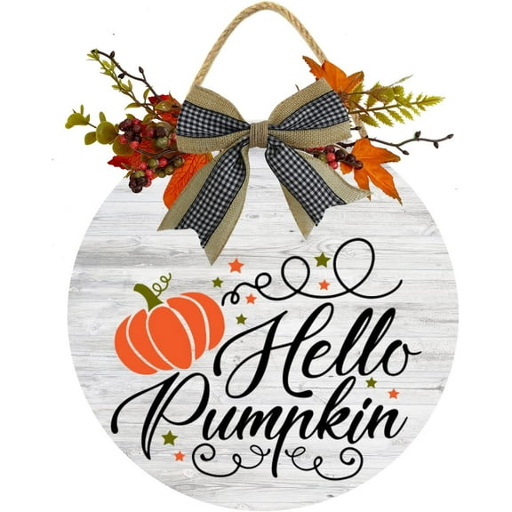 Eveokoki 12" Hello Pumpkin Decor Sign Front Door,Round Wood Hanging Sign with Ribbon Bow Farmhouse Porch Decorations for Thanksgiving