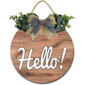Eveokoki 12" Hello Sign, Hello Front Door Round Wood Sign Hanging,Wooden Hello Sign Front Door Hanging,Hello Plaque Wreath Art Board Rustic Home Decor,Farmhouse Porch Decor