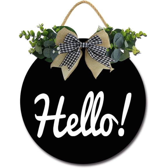 Eveokoki 12" Hello Sign, Hello Front Door Round Wood Sign Hanging,Wooden Hello Sign Front Door Hanging,Hello Plaque Wreath Art Board Rustic Home Decor,Farmhouse Porch Decor