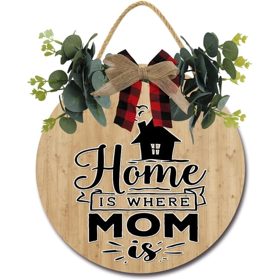 Eveokoki 12" Home Is Where Mom Is Door Sign Plaque,Welcome Wall Hanging Signs Front Door Decor Home Decorative Door Sign Wooden Plaque Hanger for Bedroom Porch Yard