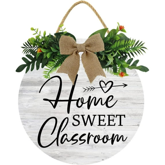 Eveokoki 12" Home Sweet Classroom Sign For Front Door With Greenery&Bow Decor Round Wood Hanging Sign Rustic Hanging Porch Decor For Farmhouse, Housewarming Gift,Modern Farmhouse Decor