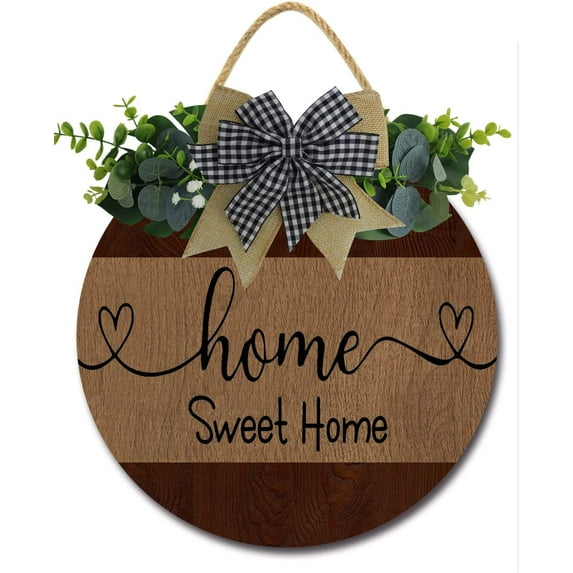 Eveokoki 12" Home Sweet Home Sign for Front Door Farmhouse Porch Standing ,Rustic Round Wooden Hanging Sign for Housewarming gift Christmas Decor Outdoor Indoor