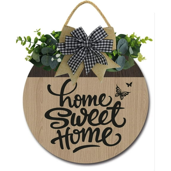Eveokoki 12" Home Sweet Home Sign Stand Front Door Porch Farmhouse Round Plaque Wreaths, Hanging Wooden Sign Wall Decor for Home Christmas Decoration Housewarming Gift