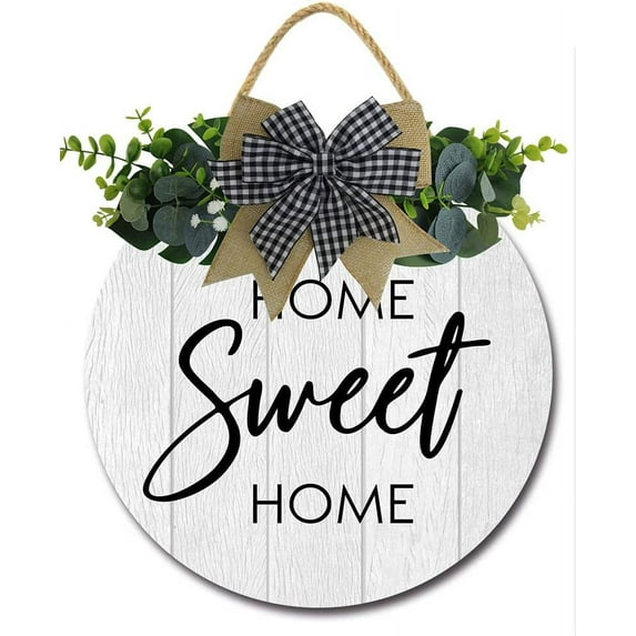 Eveokoki 12" Home Sweet Home Sign Stand Front Door Porch Farmhouse ,Round Plaque Wreaths Hanging Wooden Sign Wall Decor for Home Christmas Decoration Housewarming Gift