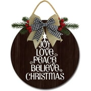 Eveokoki 12" Joy Love Peace Believe Christmas Welcome Sign for Front Door，Round Wooden Hanging Wreaths for Porch Home Wall Decor Farmhouse Christmas Holiday Decoration Outdoor Indoor