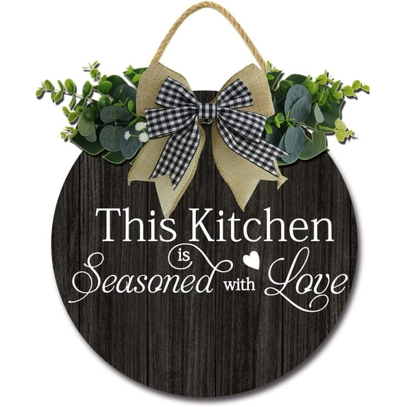 Eveokoki 12" This Kitchen is Seasoned with Love Decor Farmhouse Kitchen Wall Decor Wooden Round Rustic Kitchen Sign Hanging Wall Art for Home Decor Dining room Decration