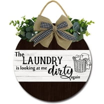 Eveokoki 12" The Laundry is Looking at Me Dirty Again Sign Rustic Wooden Plaque Wreaths for Laundry Room Wall Door Funny Decor Vintage Hanging Sign for Wash House Farmhouse