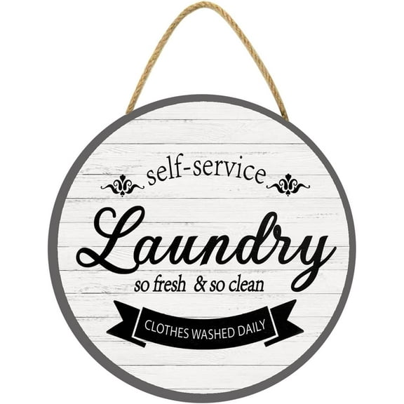 Eveokoki 12" Laundry Room Door Sign, Laundry Self Service So Fresh So Clean Clothes Washed Daily Wood Sign Plaque Wooden Vintage Wooden Laundry Room Hanging Sign Decor for Farmhouse