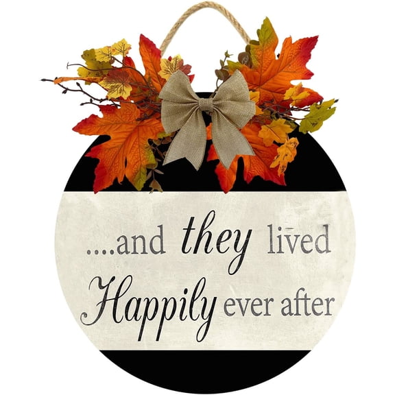 Eveokoki 12" They Lived Happily Ever After Sign for Front Door Farmhouse Wooden Door Hangers Front Door Outdoor Hanging Wreaths Sign,Rustic Round Sign Porch Decor