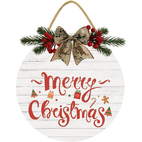 Eveokoki 12" Merry Xmas Decorations Welcome Signs for Front Door, Classical Christmas Wreath Hanging Xmas Ornaments for Home Wall Decor