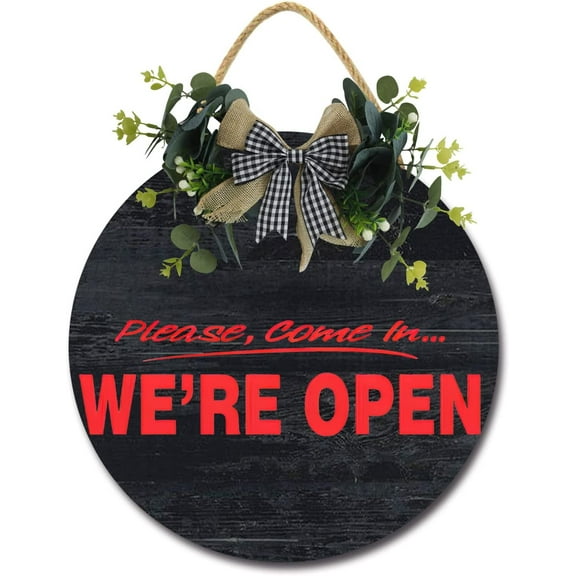 Eveokoki 12" Please Come in We Are Open Wood Sign Welcome Front Door Spa Office Business Corporate Store Please Enter Door Wall Decor Hanger Door Plaque