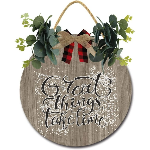 Eveokoki 12" Rustic Sign Great Things Take Time Sign Door Decor Wooden Front Door Hanger Wall Art Door Hanging Fall Winter Farmhouse Indoor Outdoor Home Porch Yard Decor