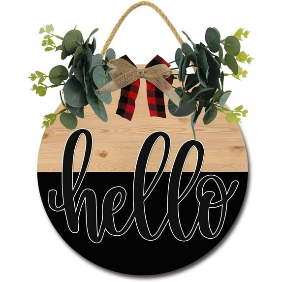 Eveokoki 12" Rustic Sign Hello 01 Sign Door Decor Wooden Front Door Hanger Wall Art Door Hanging Fall Winter Farmhouse Indoor Outdoor Home Porch Yard Decor