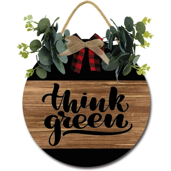 Eveokoki 12" Rustic Sign Think Green Sign Door Decor Wooden Front Door Hanger Wall Art Door Hanging Fall Winter Farmhouse Indoor Outdoor Home Porch Yard Decor