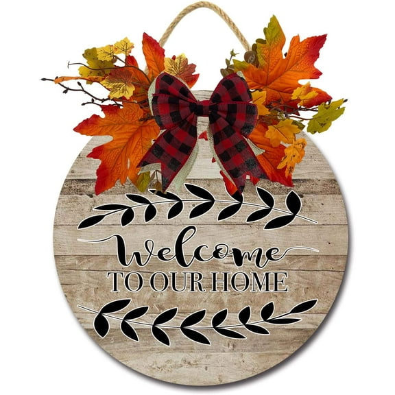Eveokoki 12" Sign Rustic Front Door Decor Round Wood Sign Hanging Wall Porch Farmhouse Porch Decoration Fall Wooden Hanging Door Sign Home Outdoor Wall Decor,Welcome To Our Hom