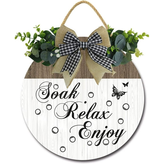 Eveokoki 12" Soak Relax Enjoy Bathroom Signs for Front Door Farmhouse ，Rustic Round Wooden Hanging Wreaths for Bathroom Wash House Toilet Housewarming Gift Decoration Indoor Wall Decor