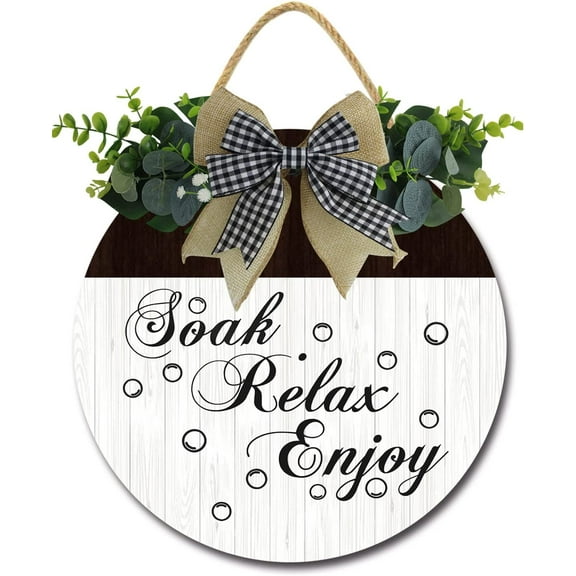 Eveokoki 12" Soak Relax Enjoy Bathroom Signs for Front Door Farmhouse ，Rustic Round Wooden Hanging Wreaths for Bathroom Wash House Toilet Housewarming Gift Decoration Indoor Wall Decor