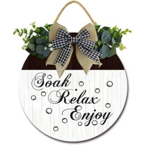 Eveokoki 12" Soak Relax Enjoy Bathroom Signs for Front Door Farmhouse ,Rustic Round Wooden Hanging Wreaths for Bathroom Wash House Toilet Housewarming Gift Decoration Indoor Wall Decor