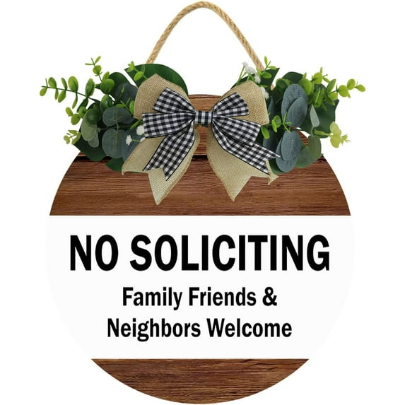 Eveokoki 12" No Soliciting Family Friends Neighbors Welcome Quote Sign Plaque, Funny Rustic Wooden Front Door Sign Hanging, Vintage Outdoor Wall Art Sign Hanger For Porch