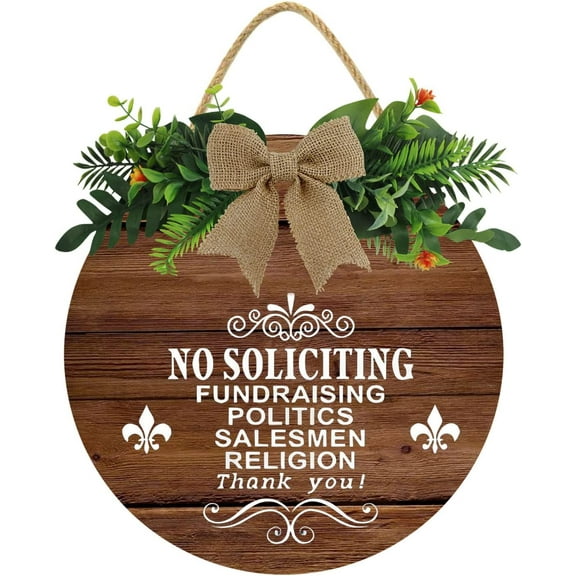 Eveokoki 12" No Soliciting Sign For House Door, No Soliciting Fundraising Politics Salesmen Religion Thank You Door Wood Sign for Home Front Porch Door Decoration with Buffalo Plaid Bow
