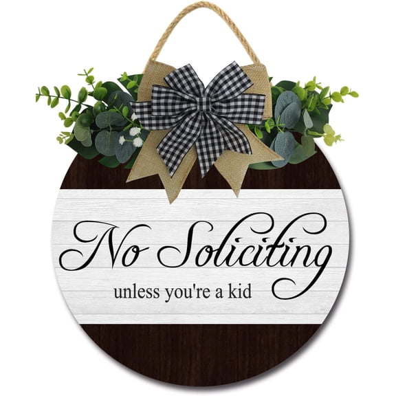 Eveokoki 12" No Soliciting Unless You're A Kid Quote Sign for Front Door, Round Rustic Wreaths Wooden Plaque, Vintage Wall Art Decor For Porch Yard Store Home Office Farmhouse