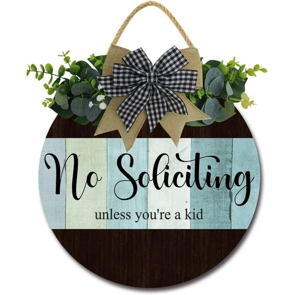 Eveokoki 12" No Soliciting Unless You're A Kid Quote Sign for Front Door Round Rustic Wreaths Wooden Plaque, Vintage Wall Art Decor For Porch Yard Store Home Office Farmhouse