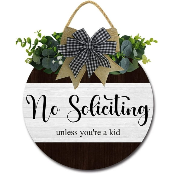 Eveokoki 12" No Soliciting Unless You're A Kid Quote Sign for Front Door, Round Rustic Wreaths Wooden Plaque, Vintage Wall Art Decor For Porch Yard Store Home Office Farmhouse