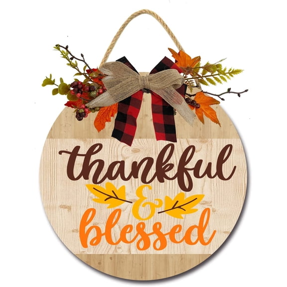 Eveokoki 12" Thankful Blessed Wooden Door Sign, Welcome Front Door Plaque Hanger Home Decoration for Farmhouse Office Coffee Shop,Hanging Sign Board with Hanging String for Home Decor