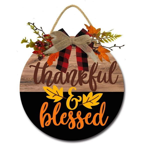 Eveokoki 12" Thankful Blessed Wooden Door Sign, Welcome Front Door Plaque Hanger Home Decoration for Farmhouse Office Coffee Shop,Hanging Sign Board with Hanging String for Home Decor