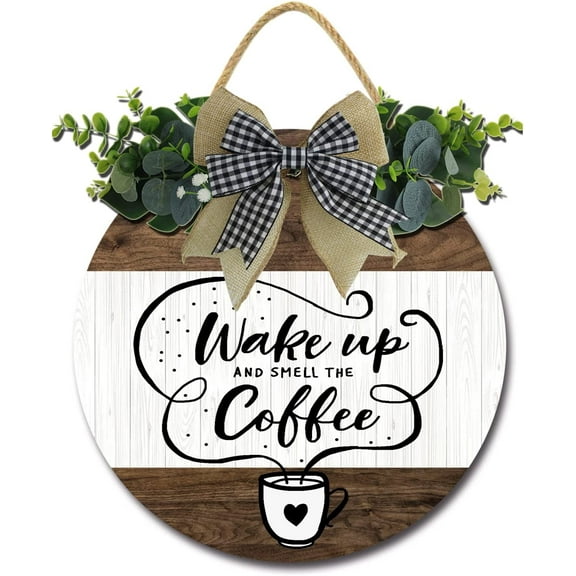 Eveokoki 12" Wake Up and Smell the Coffee Coffee Bar Sign Rustic Decor Farmhouse Wall Decor Wooden Round Retro Coffee Bar Decor Coffee Lover Coffee Station Decor Home Office Kitchen
