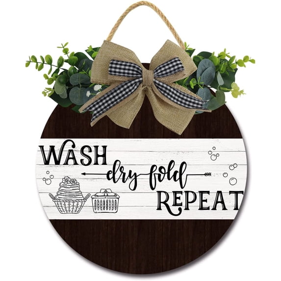 Eveokoki 12" Wash Dry Fold Repeat Laundry Room Sign Rustic Wooden Plaque Wreaths for Wall Door Funny Decor Vintage Hanging Sign for Laundry Room Wash House Farmhouse