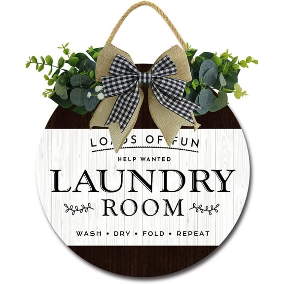 Eveokoki 12" Wash Dry Fold Repeat Laundry Room Sign Rustic Wooden Round Plaque Wreaths for Wall Door Sign Vintage Hanging Laundry Room Decor for Wash House Farmhouse