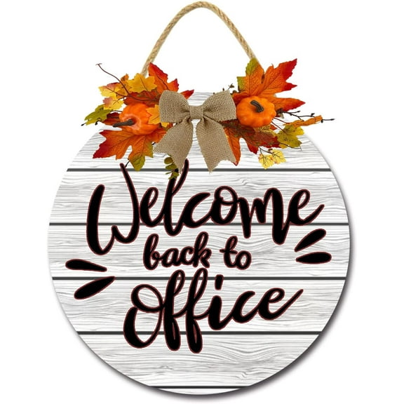 Eveokoki 12" Welcome Back To Office Front Door Sign Funny Wreaths Hanging Wooden Plaque Decoration Round Rustic Wood Farmhouse Porch Decor for Home Front Door Decor