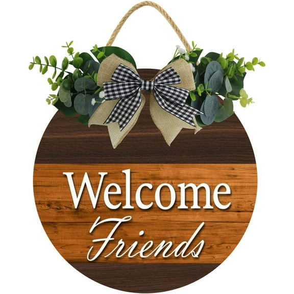 Eveokoki 12" Welcome Friends Front Door Sign Funny Wreaths Hanging Wooden Plaque Decoration Round Rustic Wood Farmhouse Porch Decor for Home Porch Hanging Outside Decoration