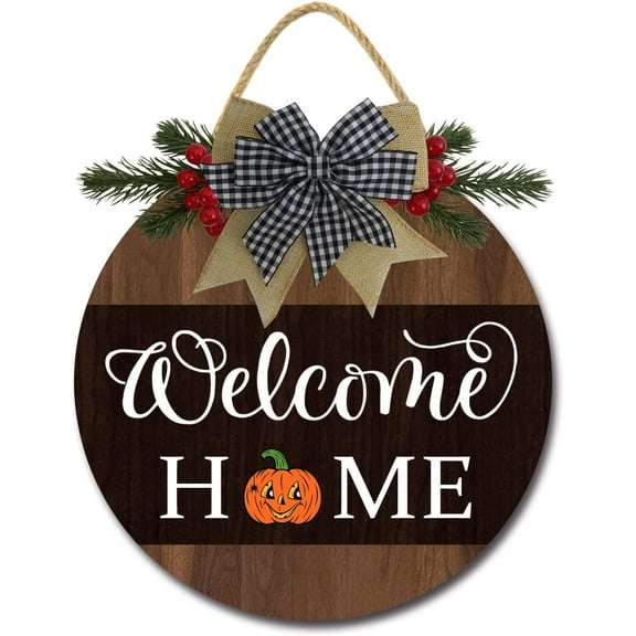 Eveokoki 12" Welcome Home Pumpkin Funny Signs for Front Door Farmhouse Porch ,Rustic Round Wooden Hanging Wreaths for Housewarming Gift Halloween Festival Decoration Outdoor Indoor Wall Decor