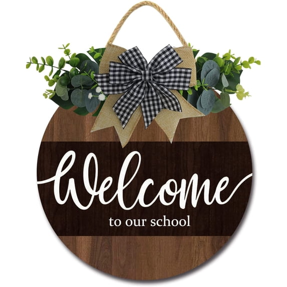 Eveokoki 12" Welcome to Our School for Front Door Farmhouse Porch ,Rustic Round Wooden Hanging Wreaths for Housewarming gift Christmas Festival Decoration Outdoor Indoor Wall Decor