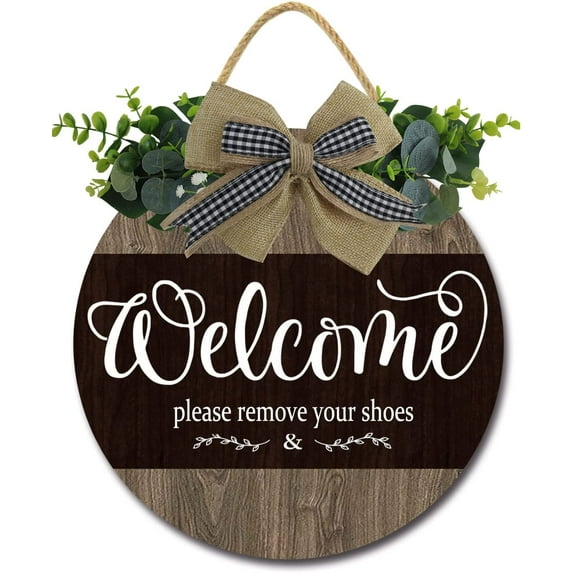 Eveokoki 12" Welcome Please Remove Your Shoes Signs for Front Door Farmhouse Porch Rustic Round Wooden Hanging Wreaths for Housewarming Gift Christmas Festival Decoration Outdoor Indoor Wall Decor