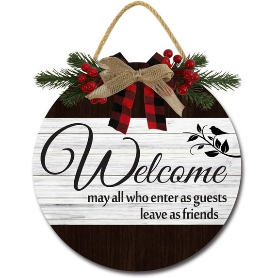 Eveokoki 12" Welcome Sign for Front Door ,Farmhouse Porch Rustic Round Wooden Hanging Wreaths for Housewarming gift Christmas Festival Decoration Wall Decor Outdoor Indoor