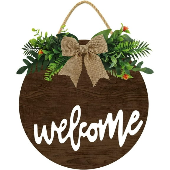 Eveokoki 12" Welcome Sign for Front Door Front Door Decor for Farmhouse Porch Decorations, Rustic Welcome Wreaths Sign with Greenery, Round Wooden Hanging Sign
