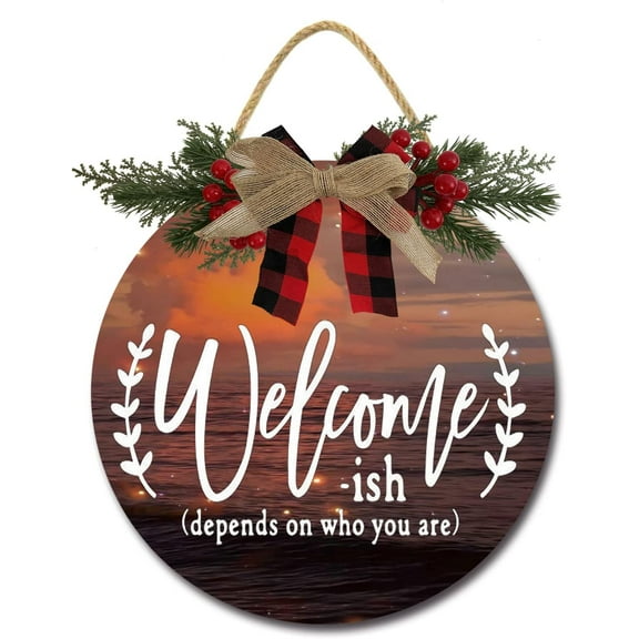 Eveokoki 12" Welcome Sign Welcome-ish Front Door Sign Funny Wreaths Hanging Wooden Plaque Decoration Round Rustic Wood Farmhouse Porch Decor for Home