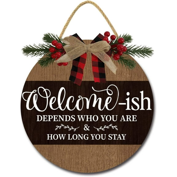 Eveokoki 12" Welcome-ish Sign for Front Door Farmhouse Porch ,Rustic Round Wooden Hanging Wreaths for Housewarming gift Christmas Festival Decoration Wall Decor Outdoor Indoor